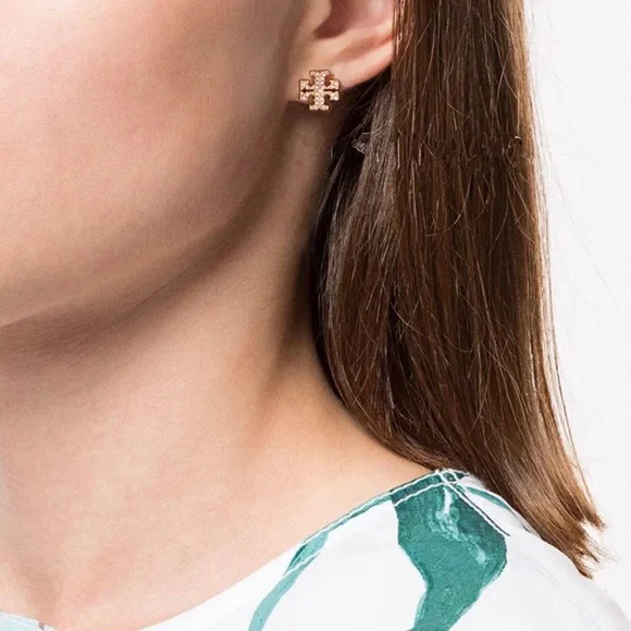 Tory Burch Gold Logo Pink Gemstone Stud Earrings - Picture 4 of 9